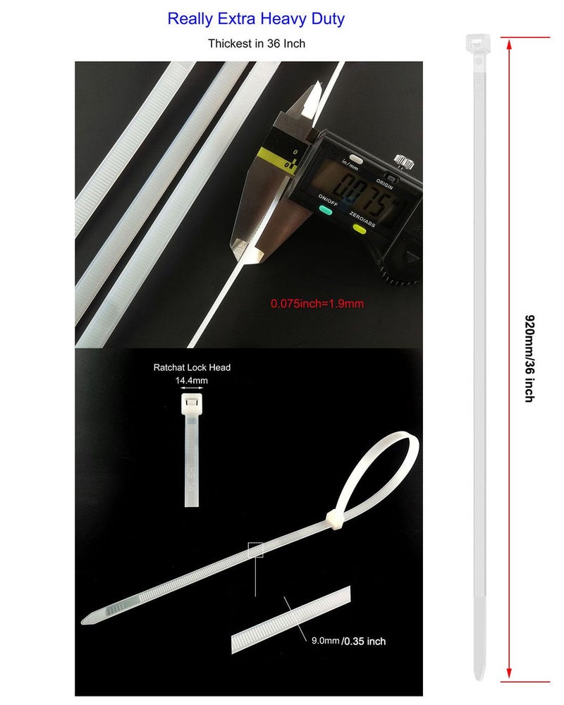 HS أحزمة ربط سحاب ثقيلة الوزن طويلة جداً HS (عبوة 50) سميكة 0.35 بوصة من البلاستيك لربط الأنابيب الثقيلة 200 رطل شفافة، بيضاء، أحزمة ربط كبيرة 36 بوصة للاستخدام في التكييف، السفر، التعبئة، السفن - Image 2